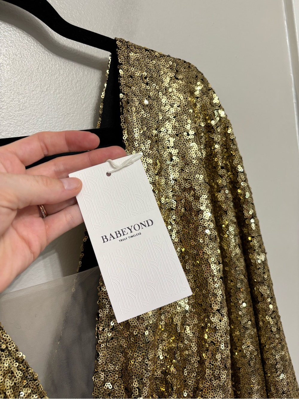 NEW BABEYOND Scoop Neck Sheer Angel Sleeve Maxi Dress Gold Sequin - Size 2X - Picture 6 of 14